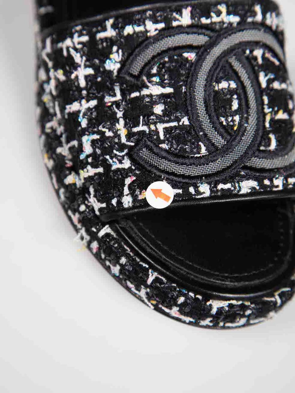 Chanel Black Tweed Interlocking CC Slides Size IT 37 4