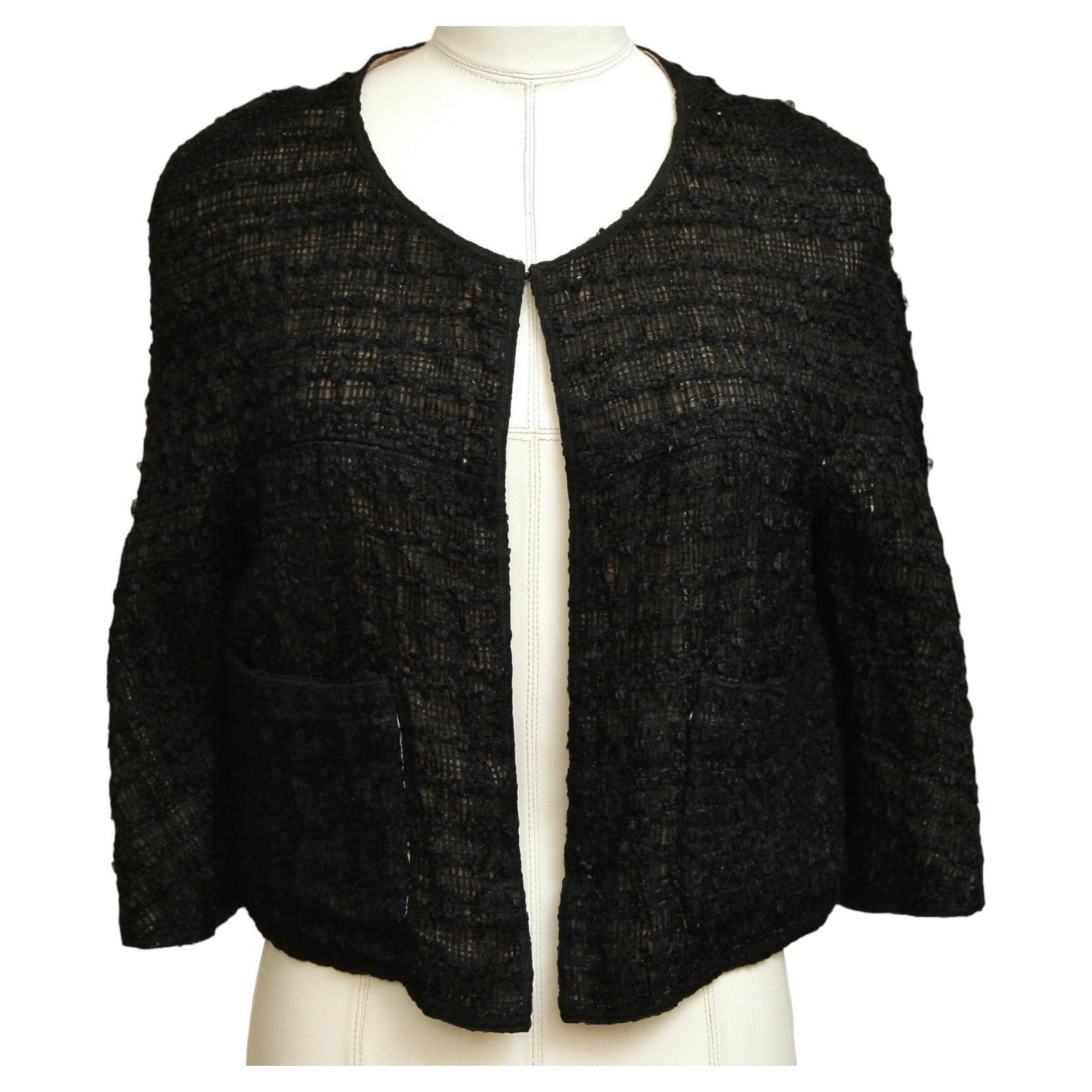 CHANEL Veste en tweed noir fantaisie boutons crochets yeux poches chaîne or Sz 36 2012 en vente