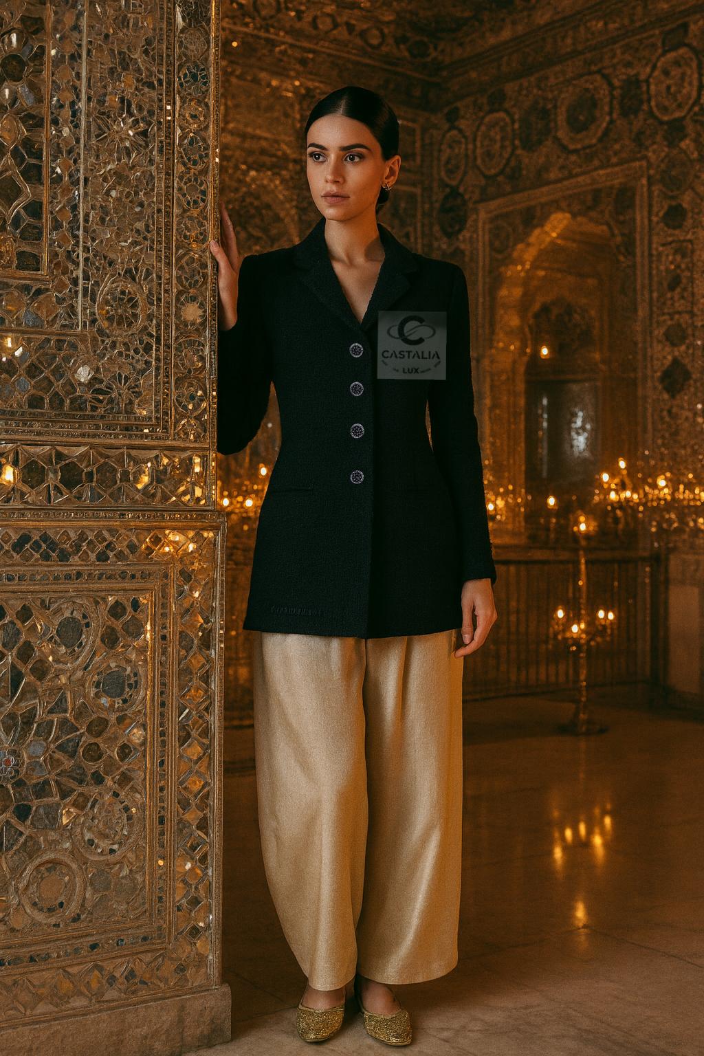 From the storied Paris / BOMBAY Runway, 
this Chanel black tweed jacket distills the maison’s eternal codes into a form of quiet majesty

 This is not merely a jacket, but a portal into the Paris–Bombay dream — where East meets West under the gaze