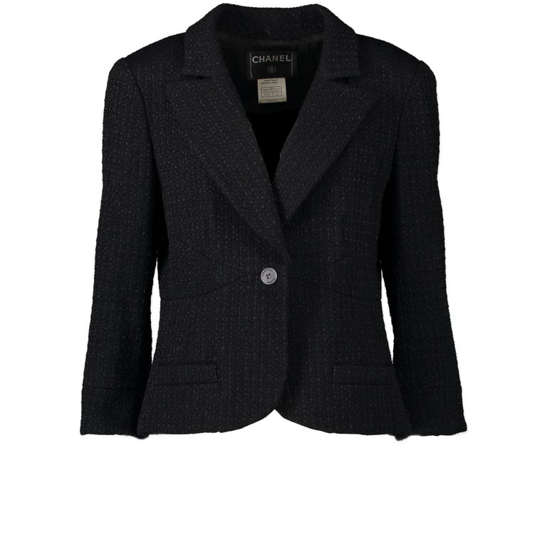 Chanel Black Tweed Jacket - Size 42 at 1stDibs | chanel black jacket, chanel  black blazer, chanel jacket size 38 conversion