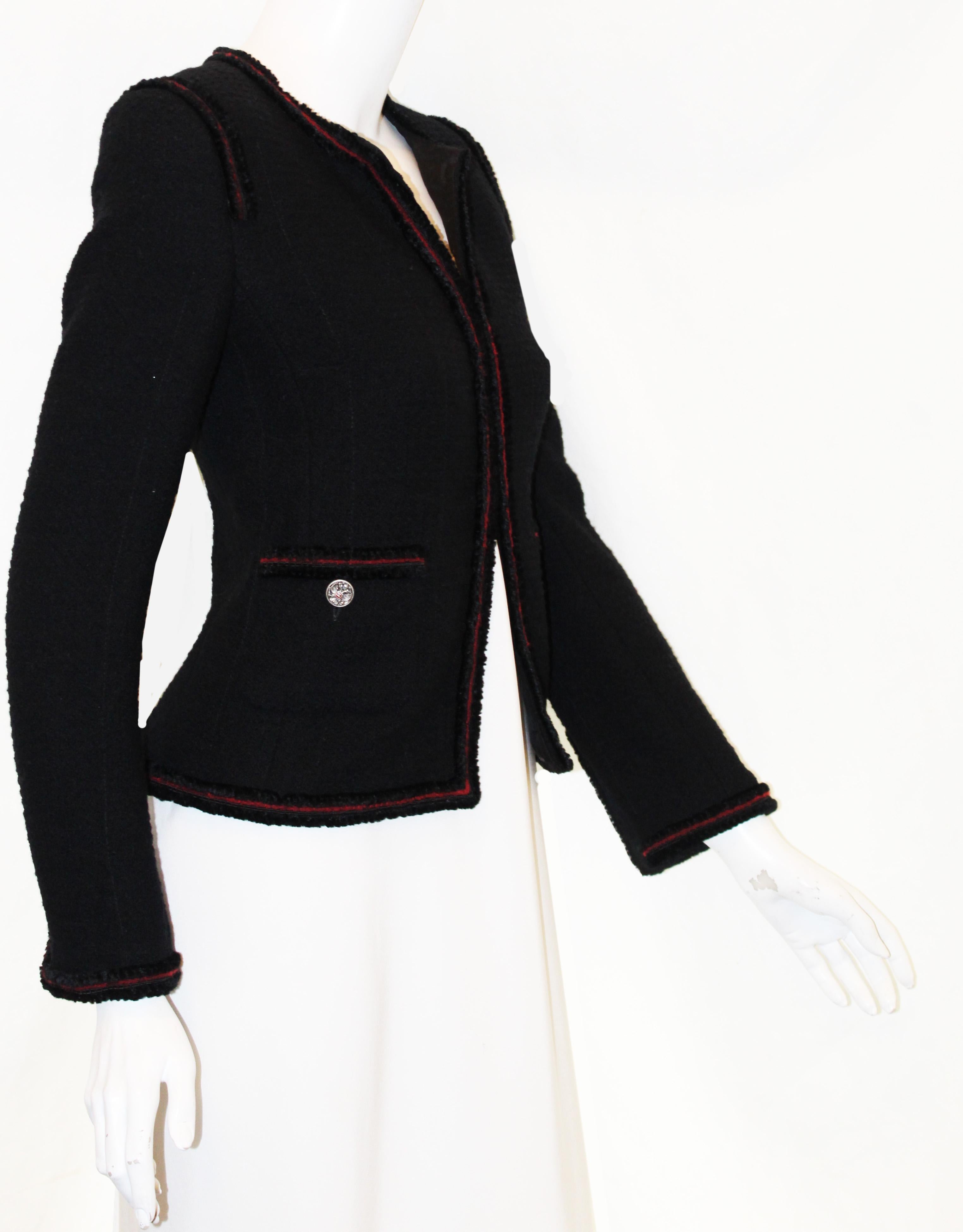 Women's Chanel Black Tweed Jacket W/ Red Wool & Black Velvet Trim from Fall 2009
