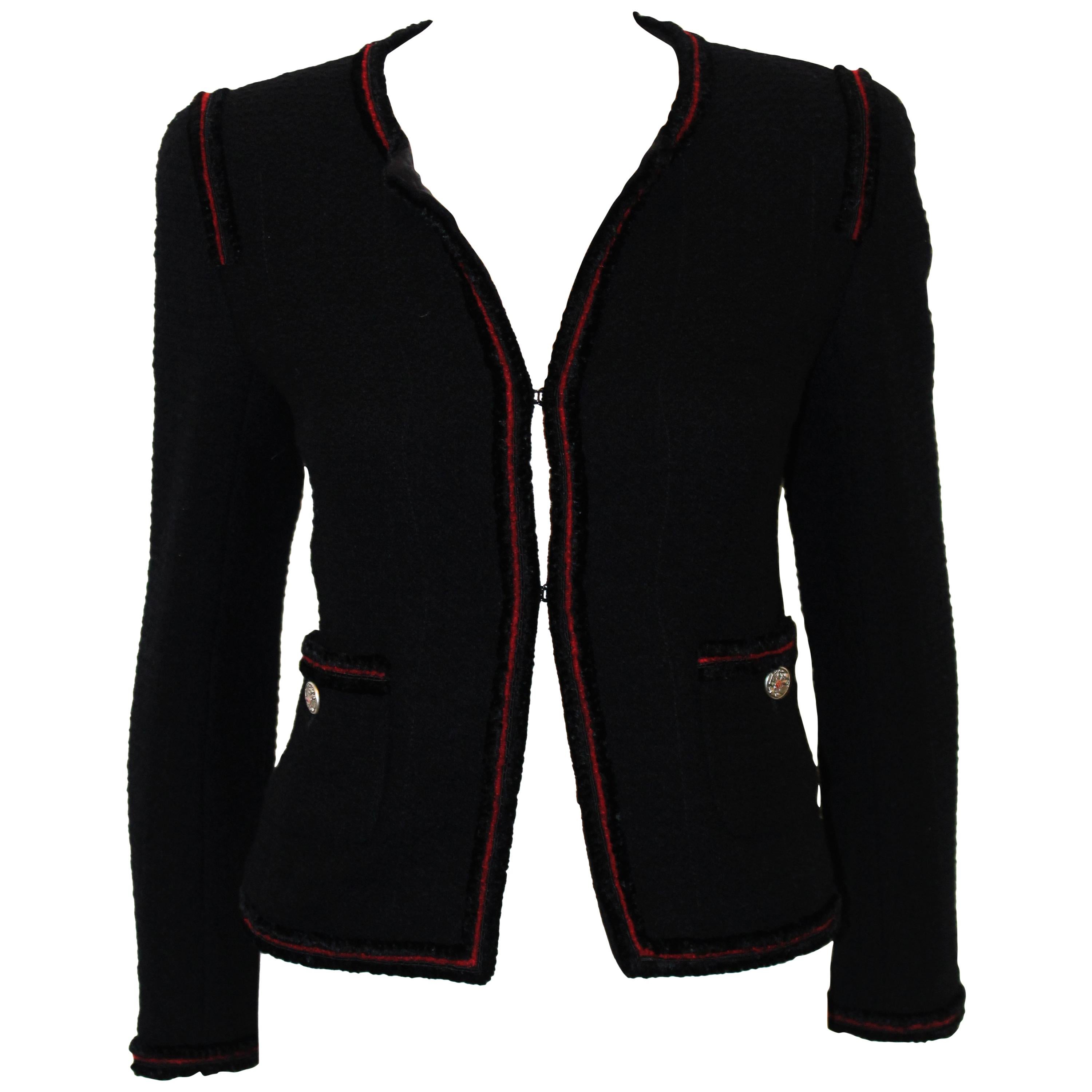 Chanel Black Tweed Jacket W/ Red Wool & Black Velvet Trim from Fall 2009
