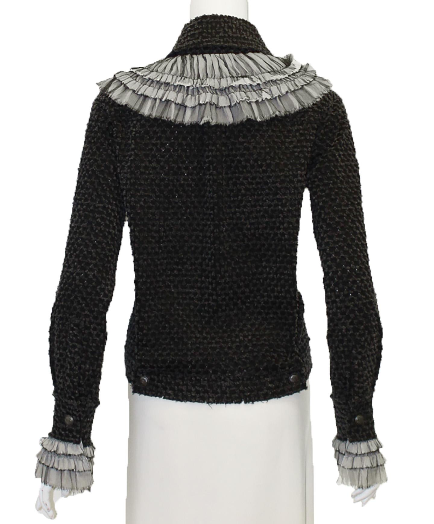 Chanel Black Tweed Jacket With White Tulle  Pleated Ruffle Accent Jacket  In Excellent Condition In Palm Beach, FL