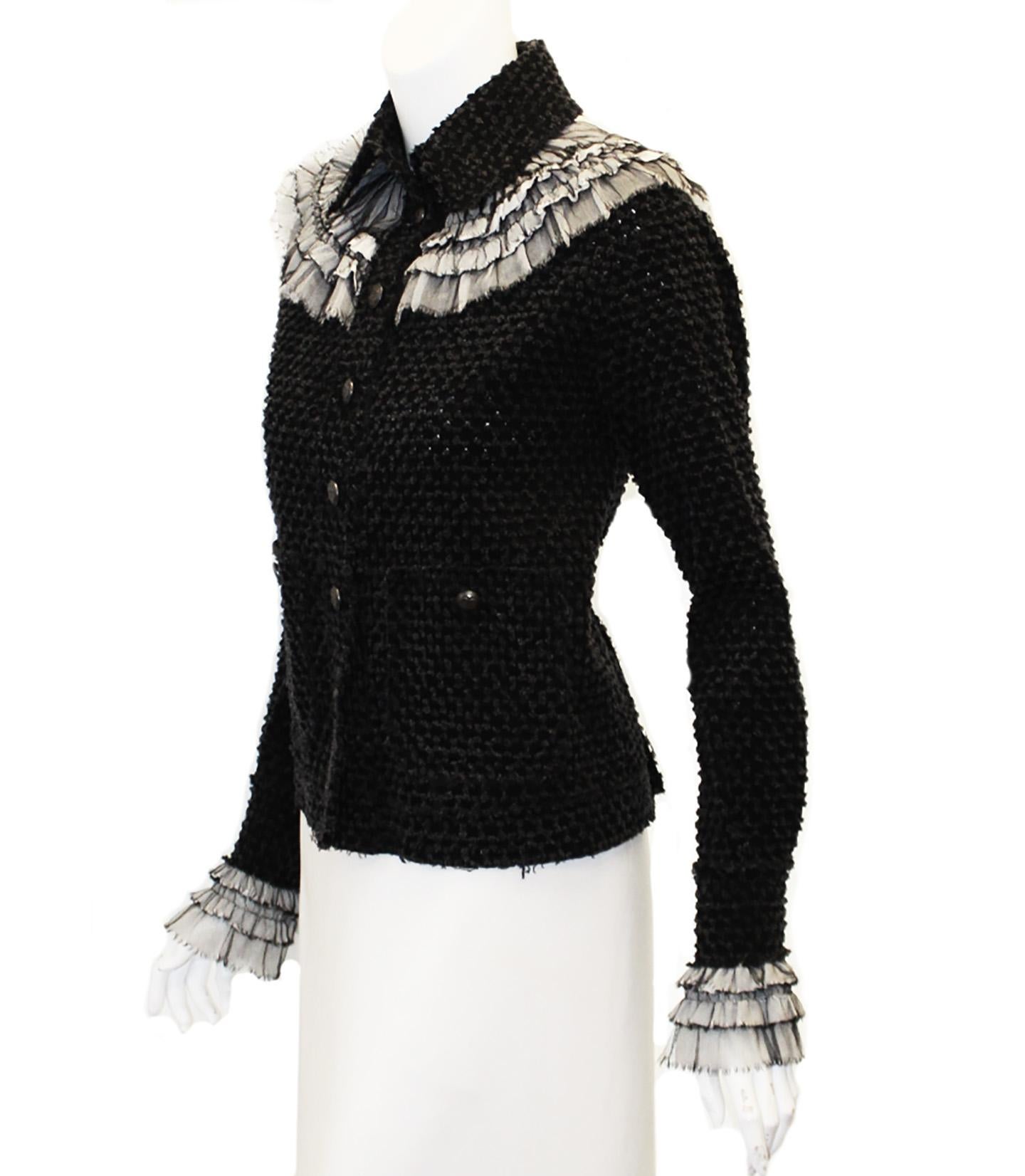 Women's Chanel Black Tweed Jacket With White Tulle  Pleated Ruffle Accent Jacket 