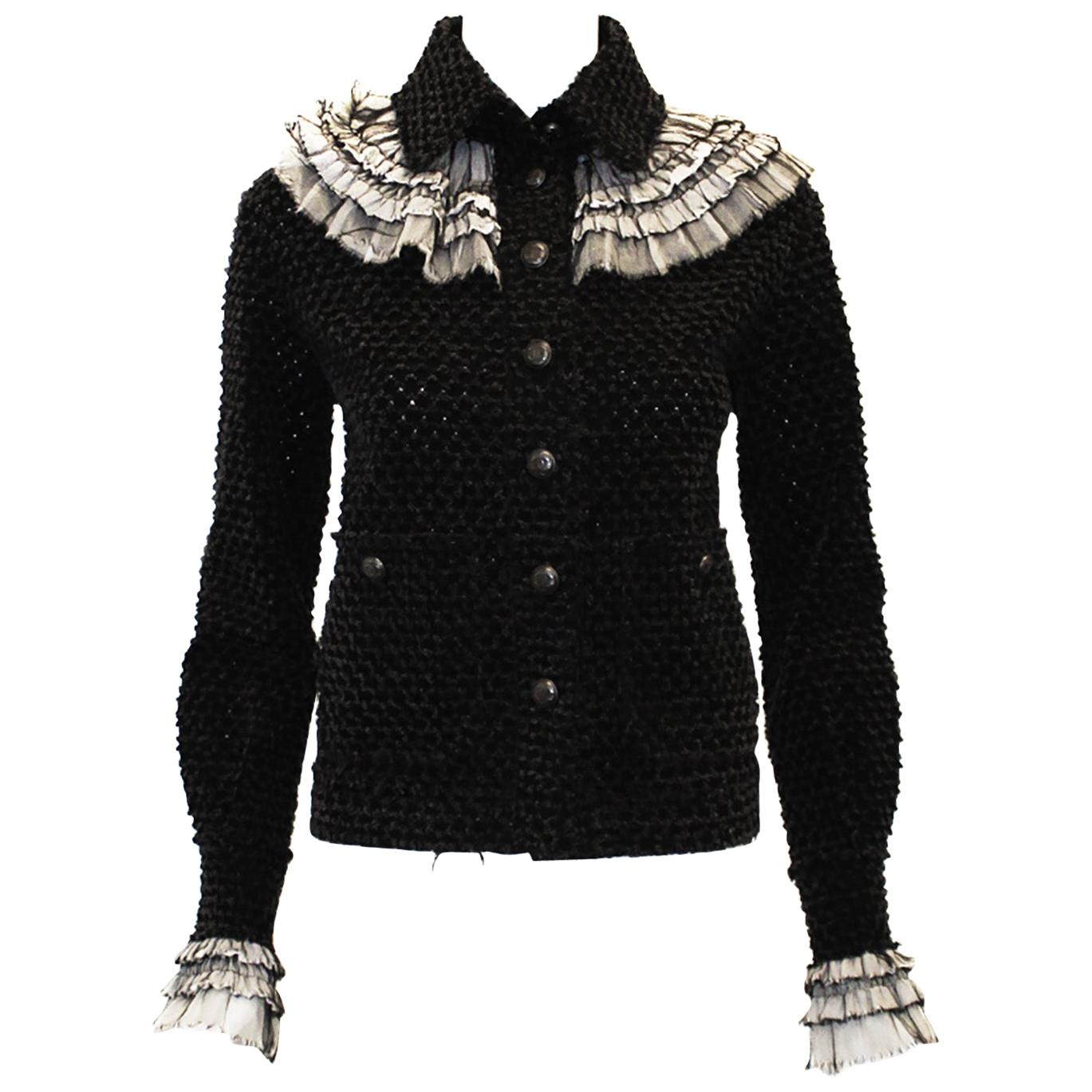 Chanel Black Tweed Jacket With White Tulle  Pleated Ruffle Accent Jacket 