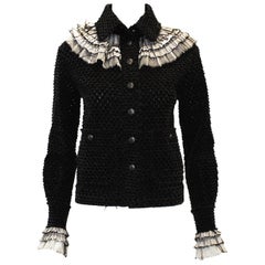 Chanel Black Tweed Jacket With White Tulle  Pleated Ruffle Accent Jacket