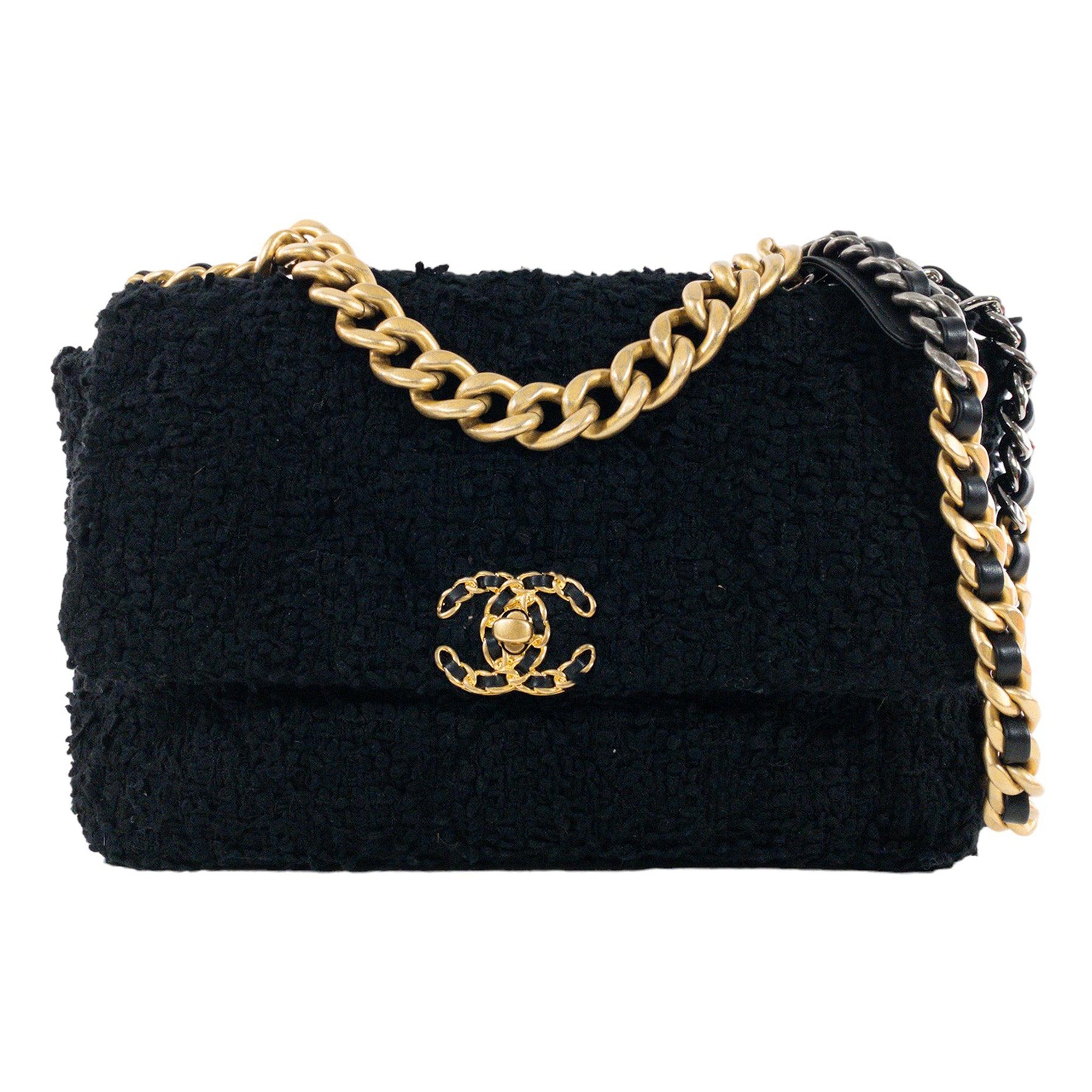 Chanel Black Tweed Large 19 Flap For Sale