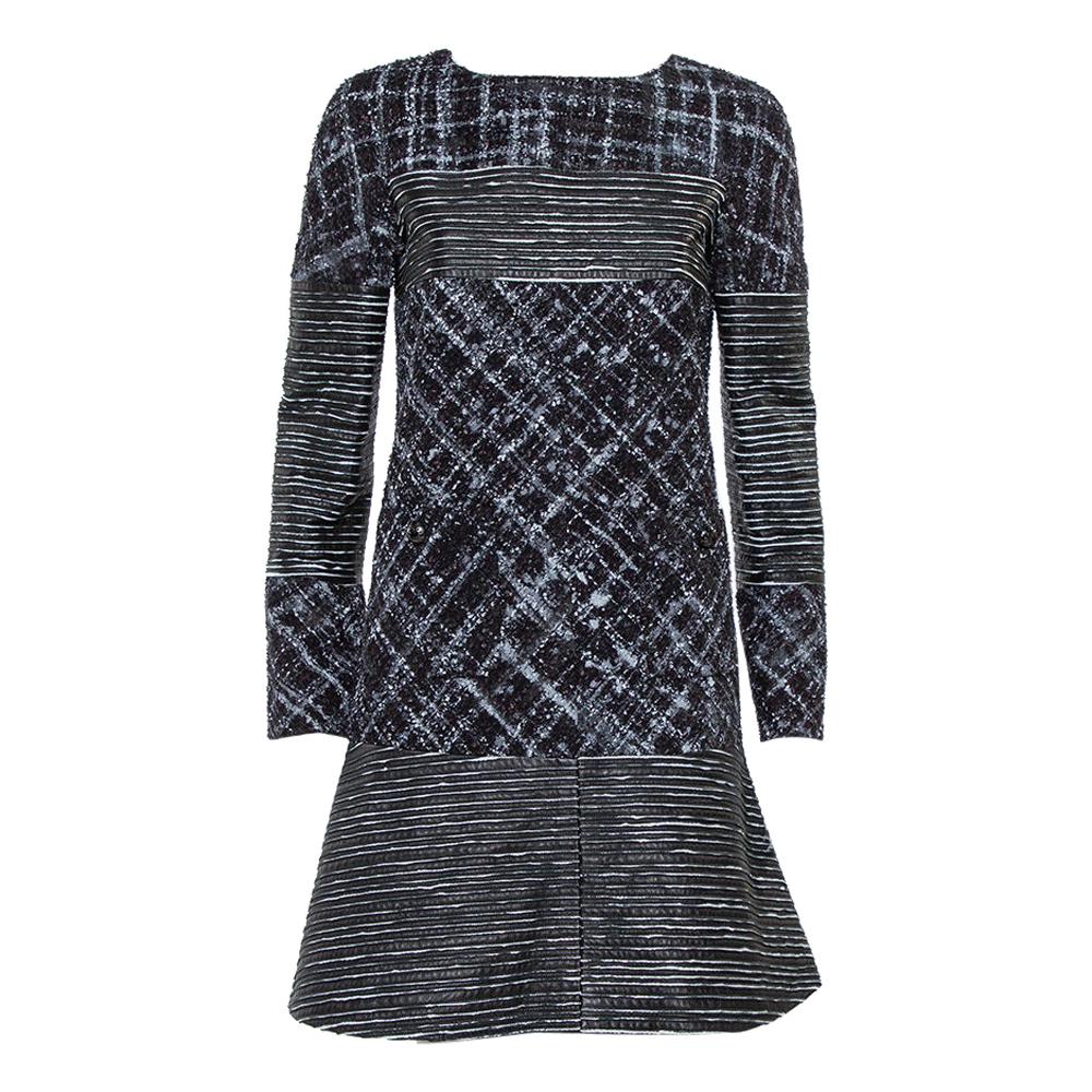 Chanel Black Tweed & Leather Sequin Embellished Paneled Mini Dress M