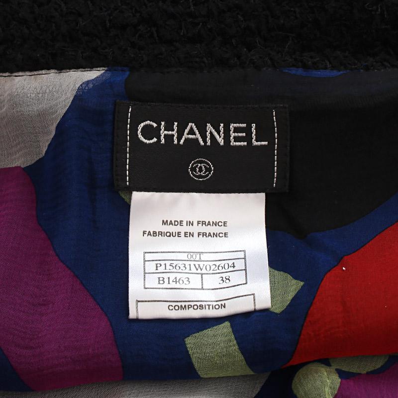 Women's CHANEL black TWEED & MULTICOLOR FLORAL CHIFFON Mini Skirt 38 S For Sale