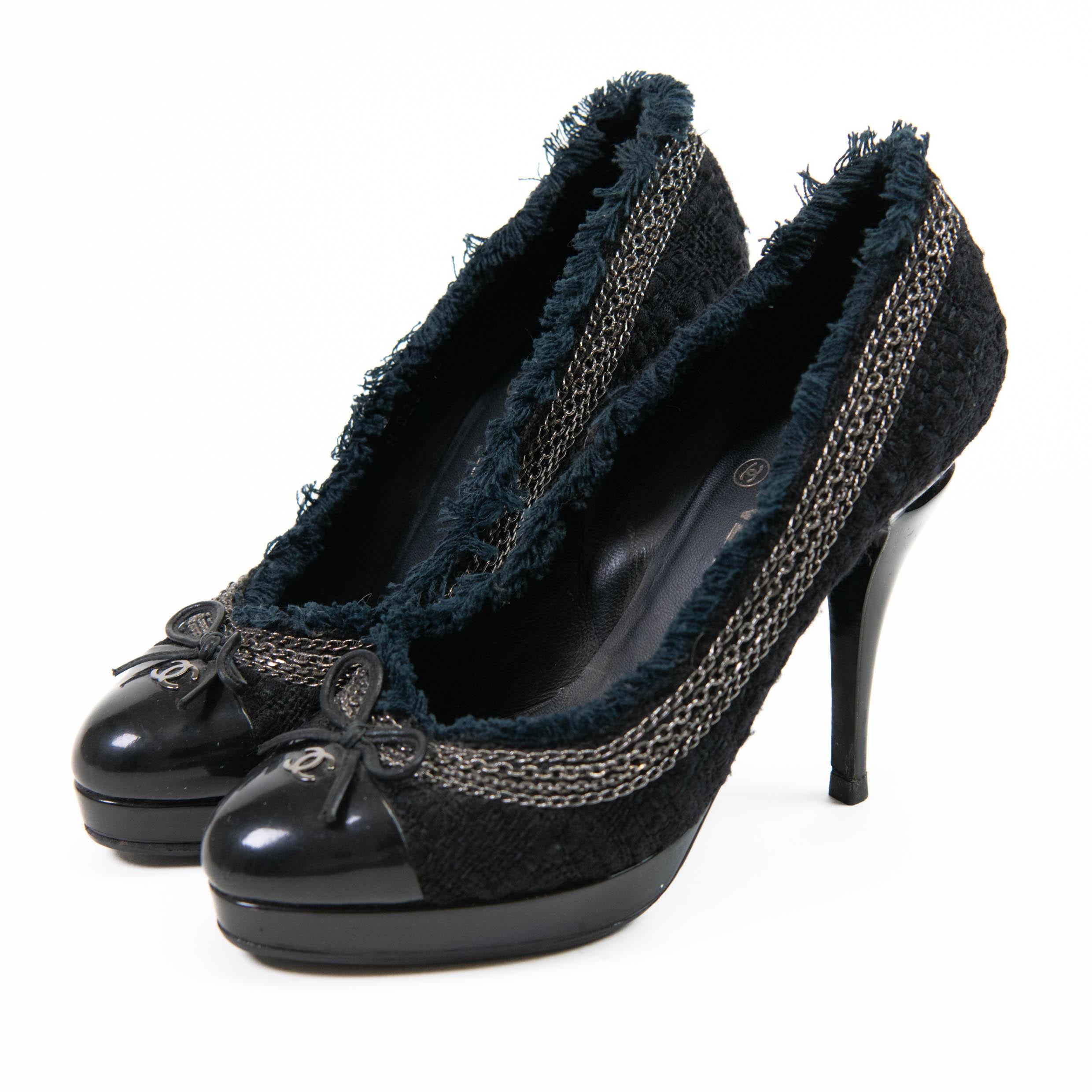 Chanel Black Tweed Patent Cap Toe CC Chain Pumps 37.5 3