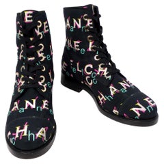 Chanel Black Tweed Printed Lace-Up Combat Boots