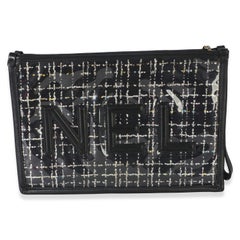 Chanel Black Tweed PVC Lambskin Logo Large Pouch