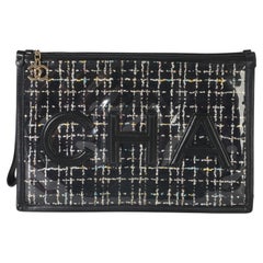 Chanel Black Tweed PVC Lambskin Logo Large Pouch