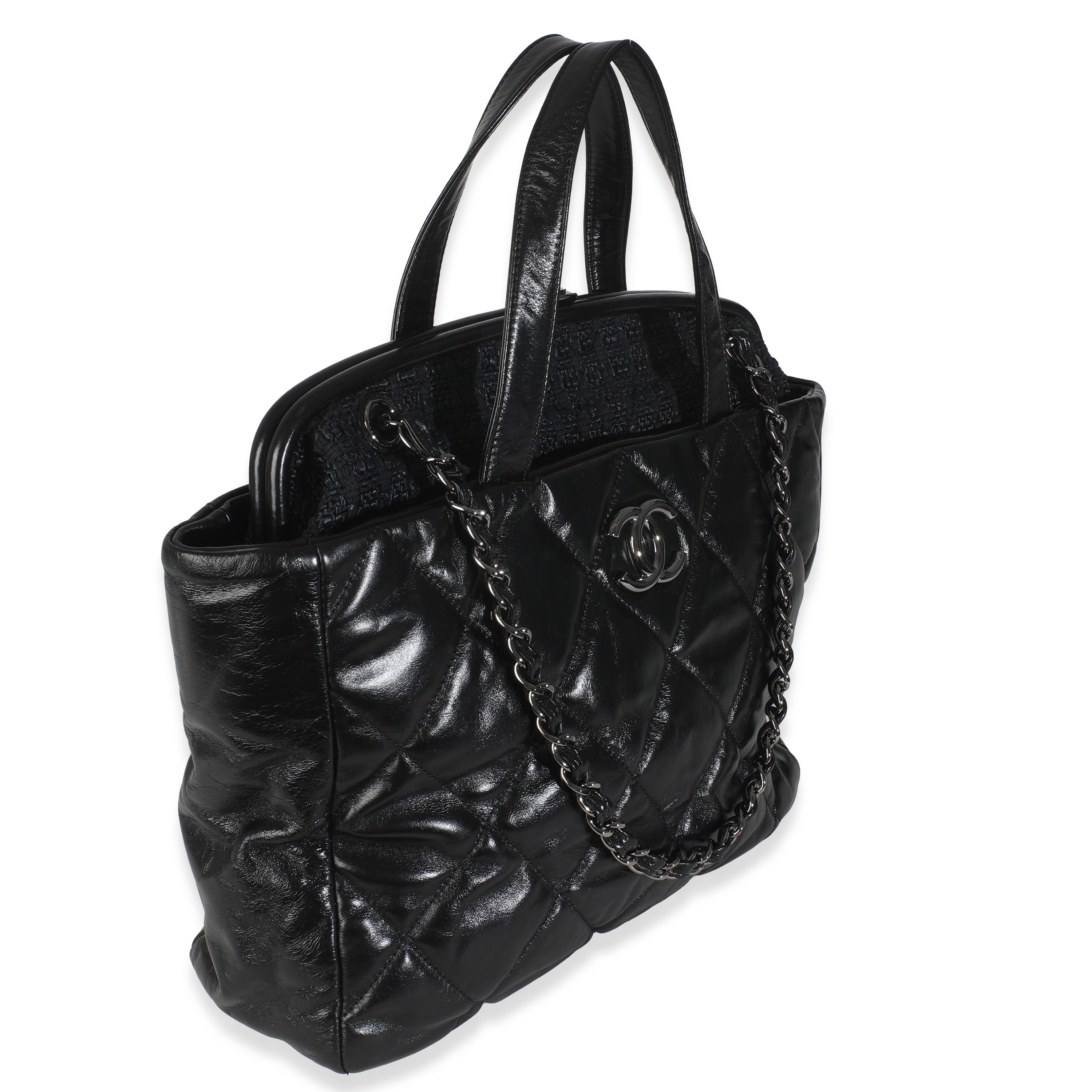 Chanel Schwarzes Tweed gestepptes Kalbsleder Portobello Frame Tote im Angebot 1