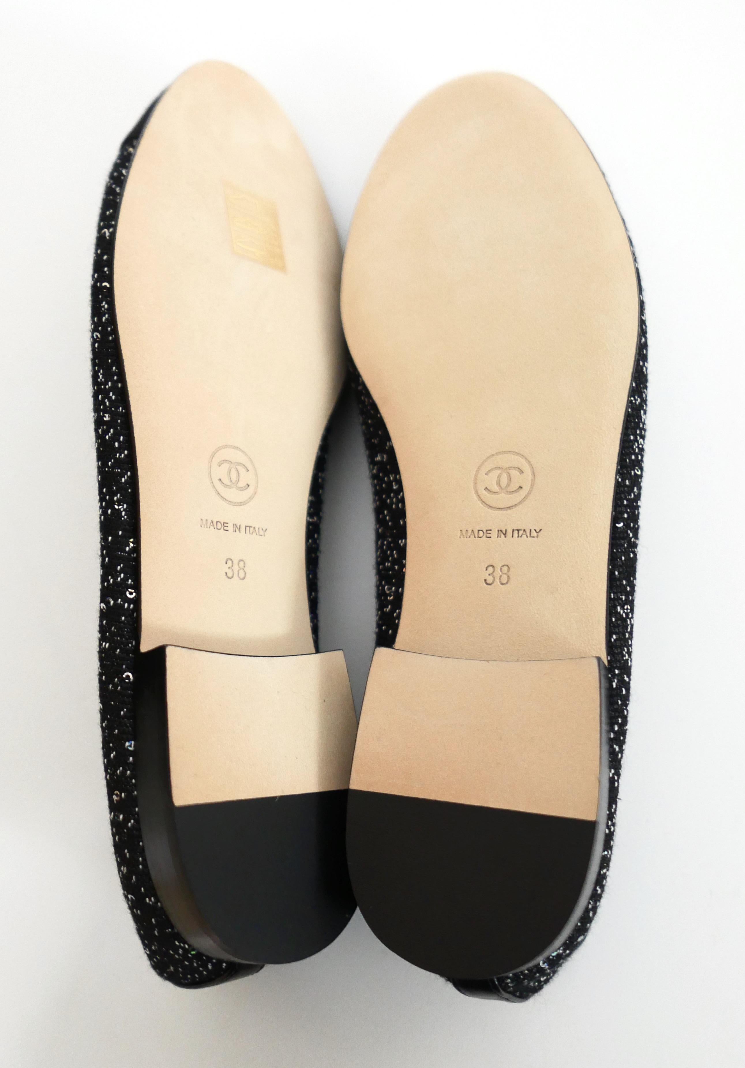 Chanel Black Tweed Sequin CC Toe Ballet Flats For Sale 2