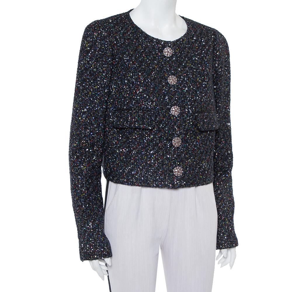 Chanel Black Tweed Sequin Embellished Button Front Jacket XL In Good Condition In Dubai, Al Qouz 2