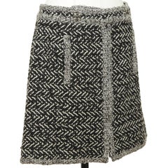 CHANEL Black Tweed Skirt Silver Metallic Zipper Pockets Mini Sz 42 2011 11A