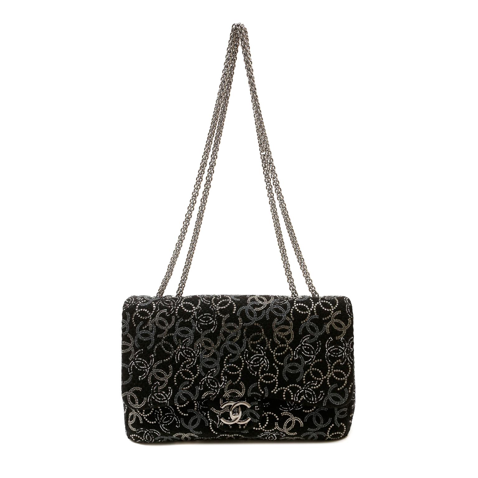 Women's Chanel Black Tweed Swarovski Crystal Jumbo Classic Bag