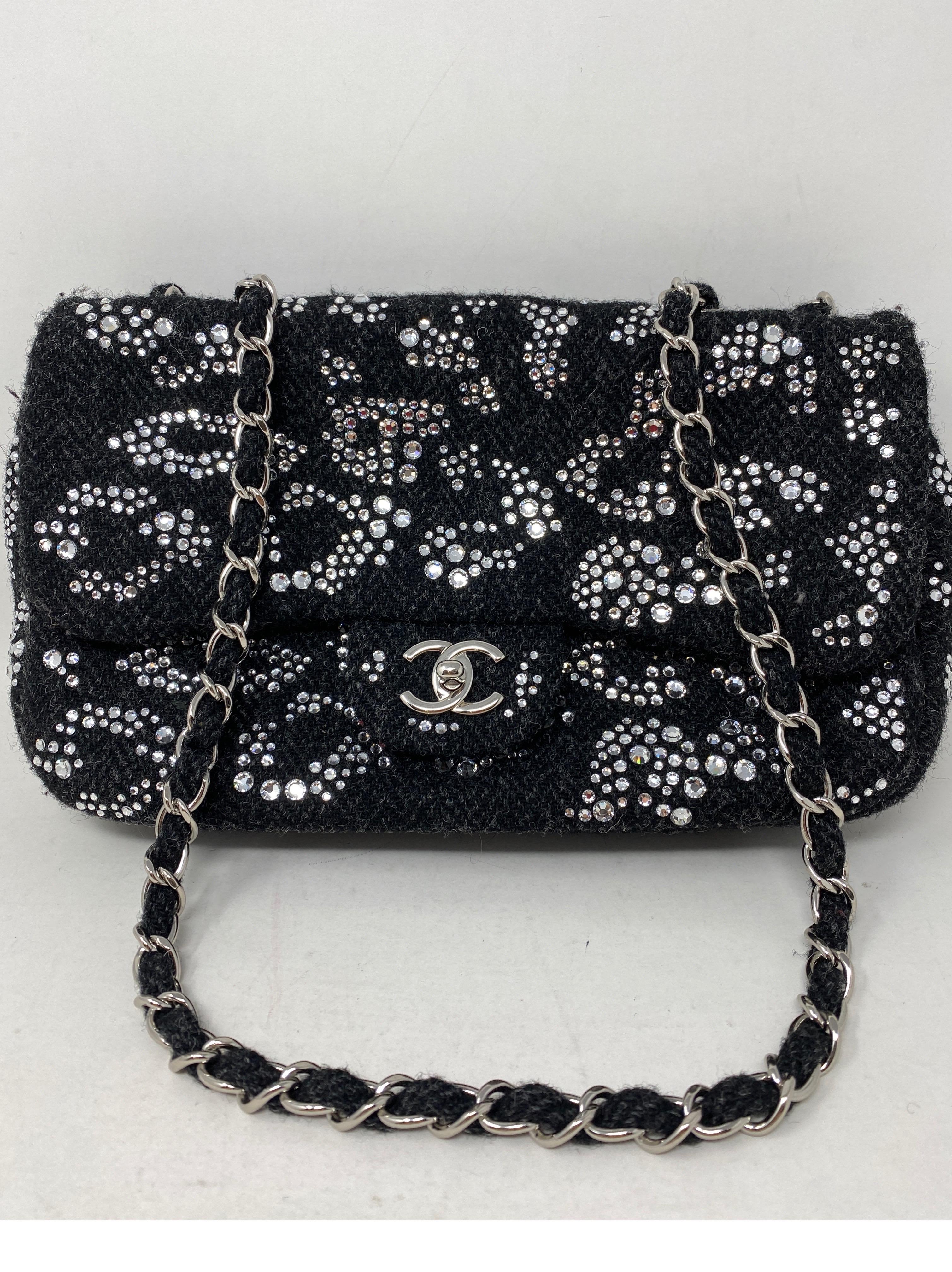 Chanel Black Grey Tweed Swarovsky Crystal Detailed Bag. Flap bag with gorgeous crystals. Silver hardware. Stunning evening bag or can be worn everyday. Can be worn crossbody or doubled. Mint condition. Includes authenticity card and dust cover.