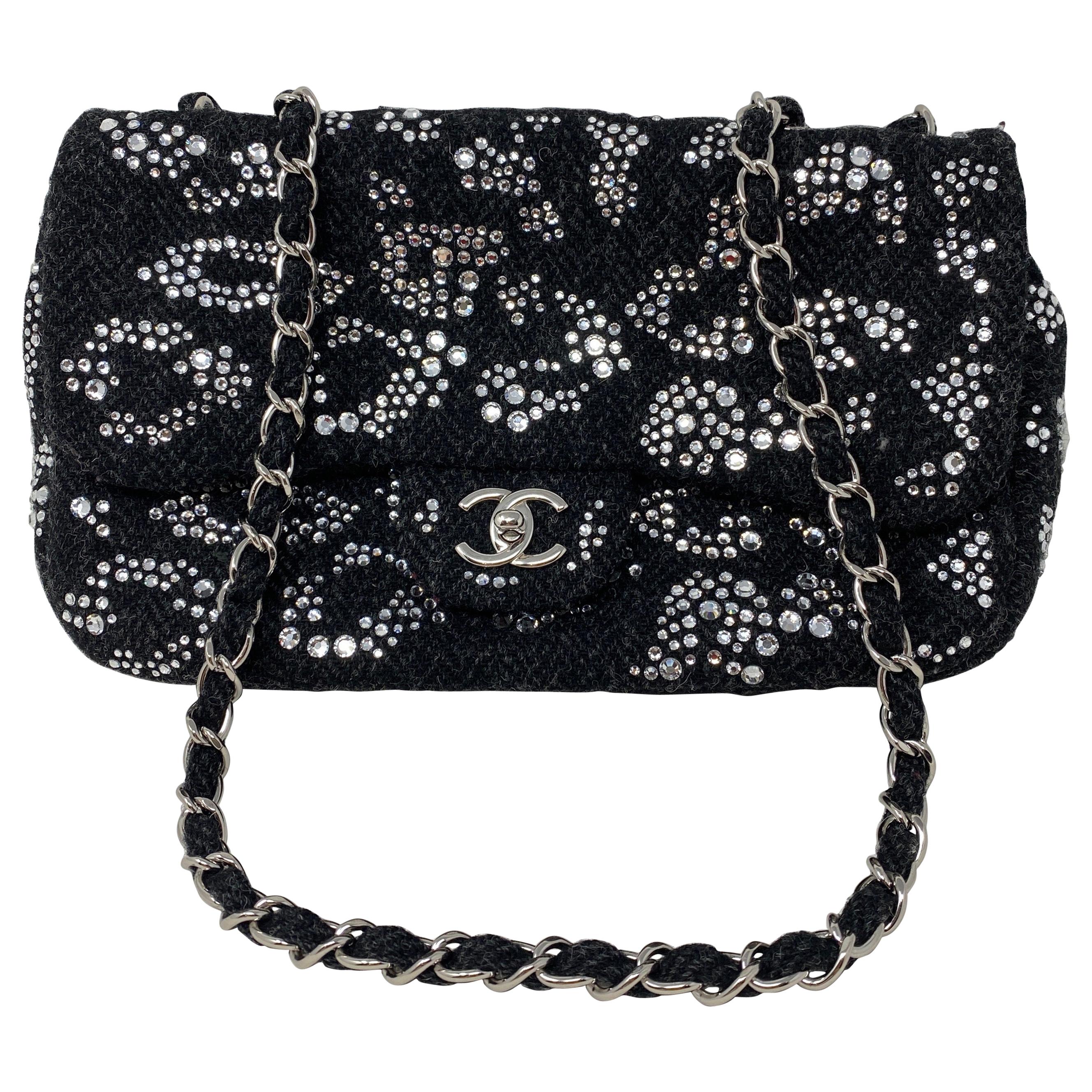 Chanel Black Tweed Swarovsky Crystal Flap Bag at 1stDibs  black tweed purse,  crystal tweed, chanel tweed bag black