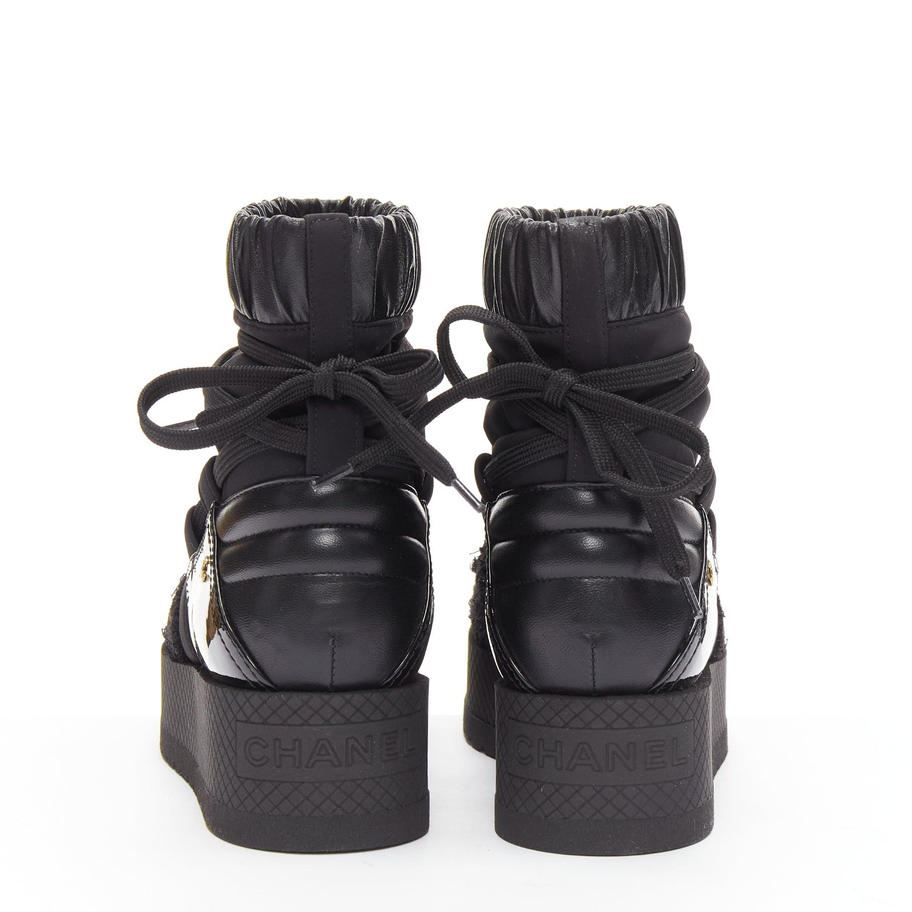 CHANEL black tweed trim nylon rubber platform CC charm show snow boot EU37 1