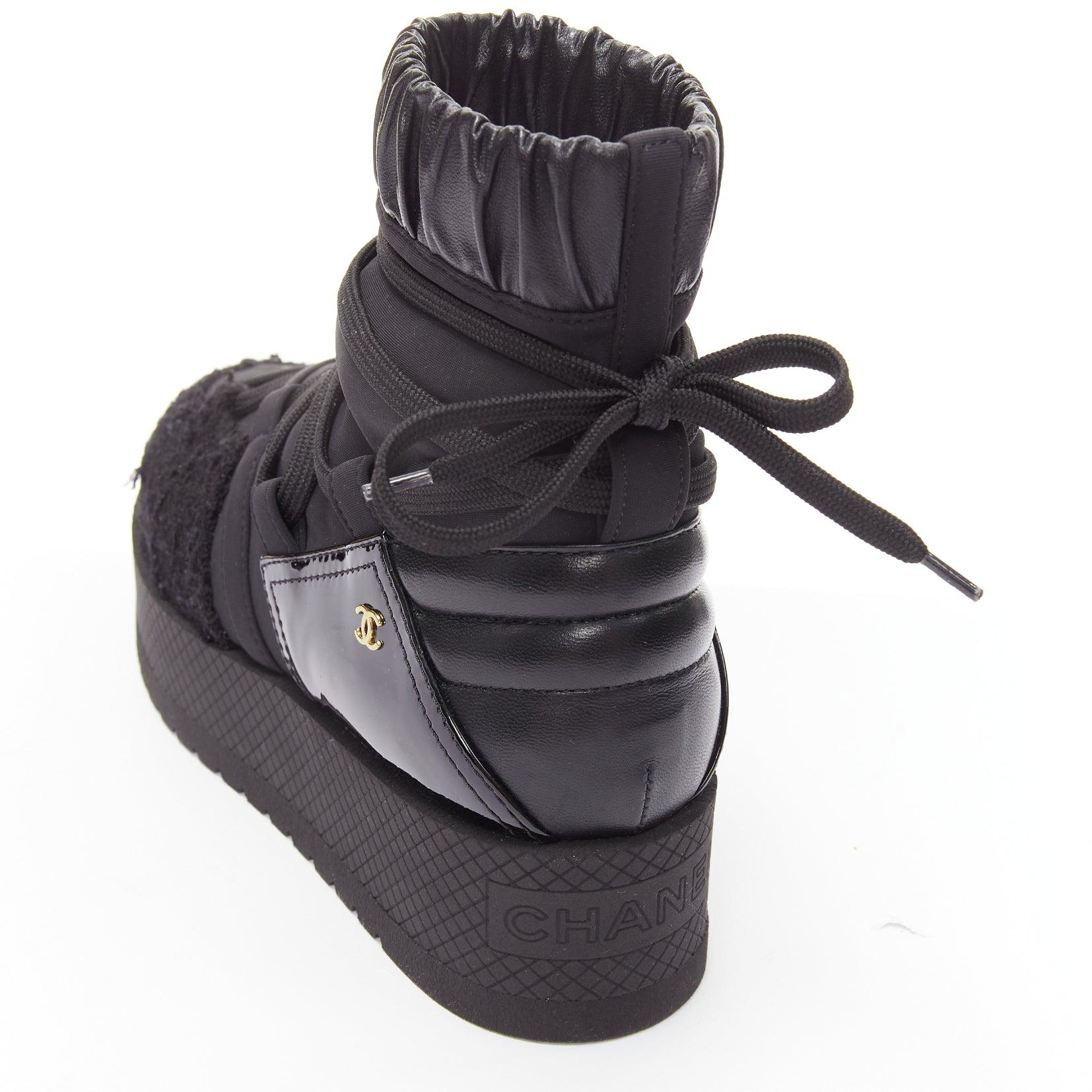 CHANEL black tweed trim nylon rubber platform CC charm show snow boot EU37 4