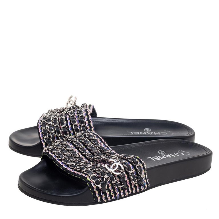 Chanel Black Tweed Tropiconic Chain Flat Slides Size 39