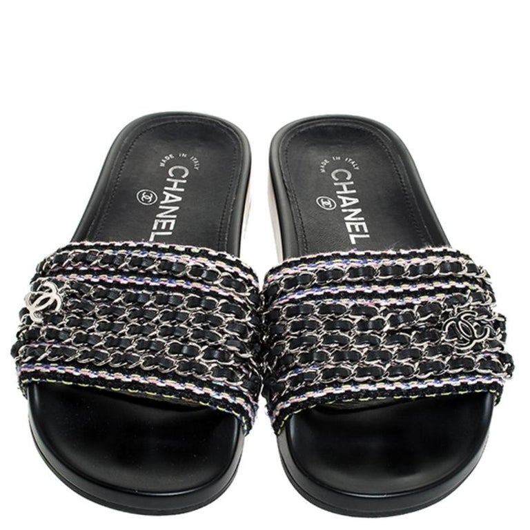 Chanel Black Tweed Tropiconic Chains Flat Slides Size 36 For Sale at ...