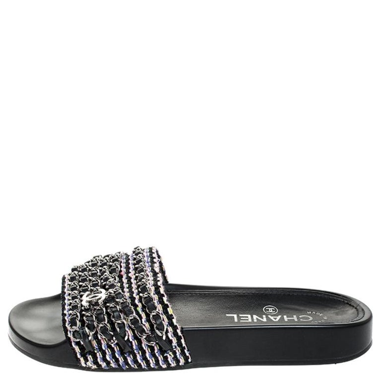 Chanel Black Tweed Tropiconic Chains Flat Slides Size 36 For Sale at  1stDibs