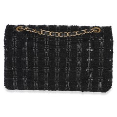 Chanel Black Tweed Woven Patent Medium Classic Double Flap Bag