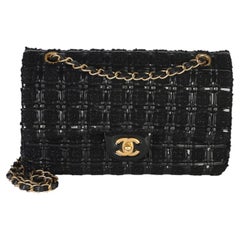 Chanel Black Tweed Woven Patent Medium Classic Double Flap Bag