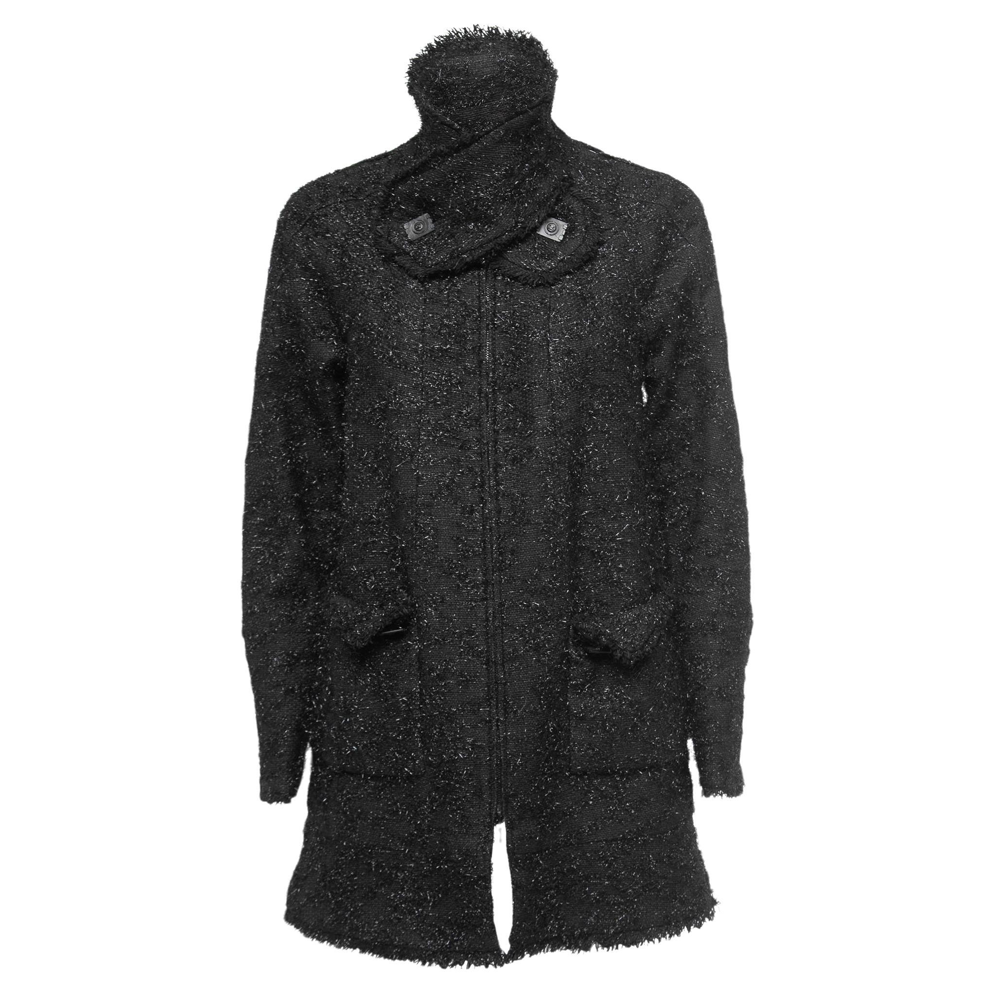 Chanel Black Tweed Zip Front Coat S For Sale