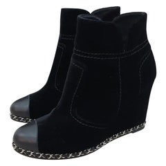 Chanel Black Velour Chain  Wedge Boots