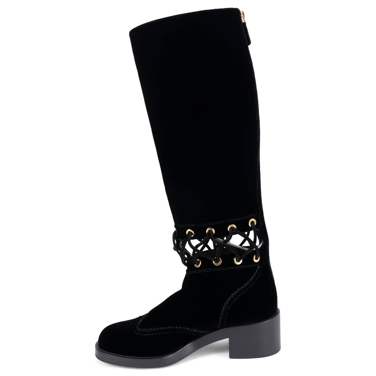 Women's CHANEL black velvet 2016 16K CUT-OUT RIDING Boots Shoes 39
