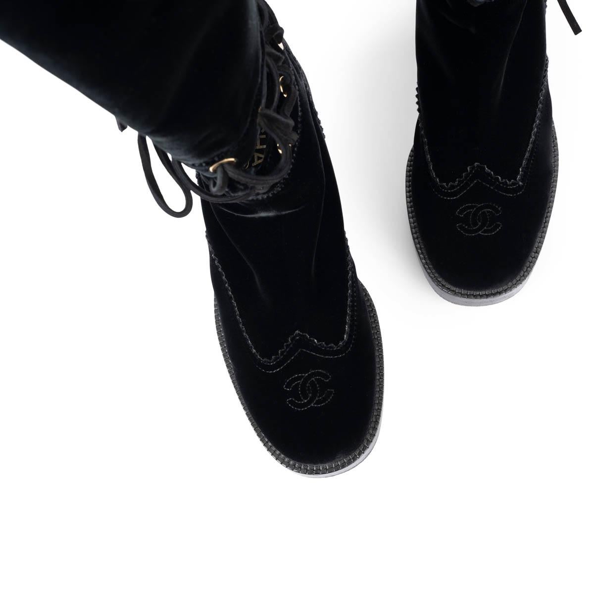 CHANEL black velvet 2016 16K CUT-OUT RIDING Boots Shoes 39 3