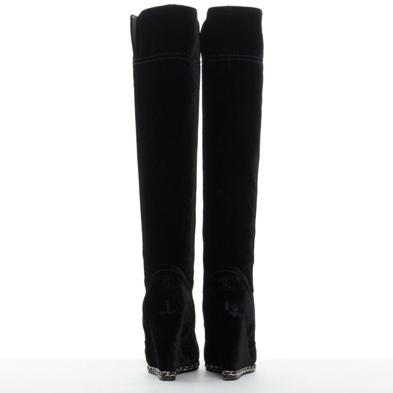 CHANEL black velvet 2.55 silver chain trimmed leather toe cap wedge boot  EU38C at 1stDibs