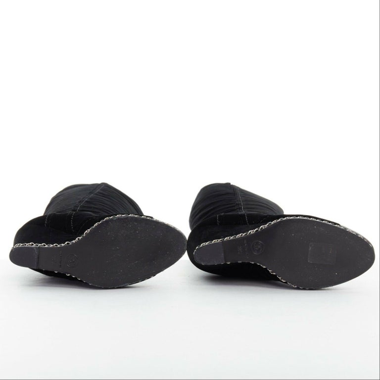 CHANEL black velvet 2.55 silver chain trimmed leather toe cap wedge ...