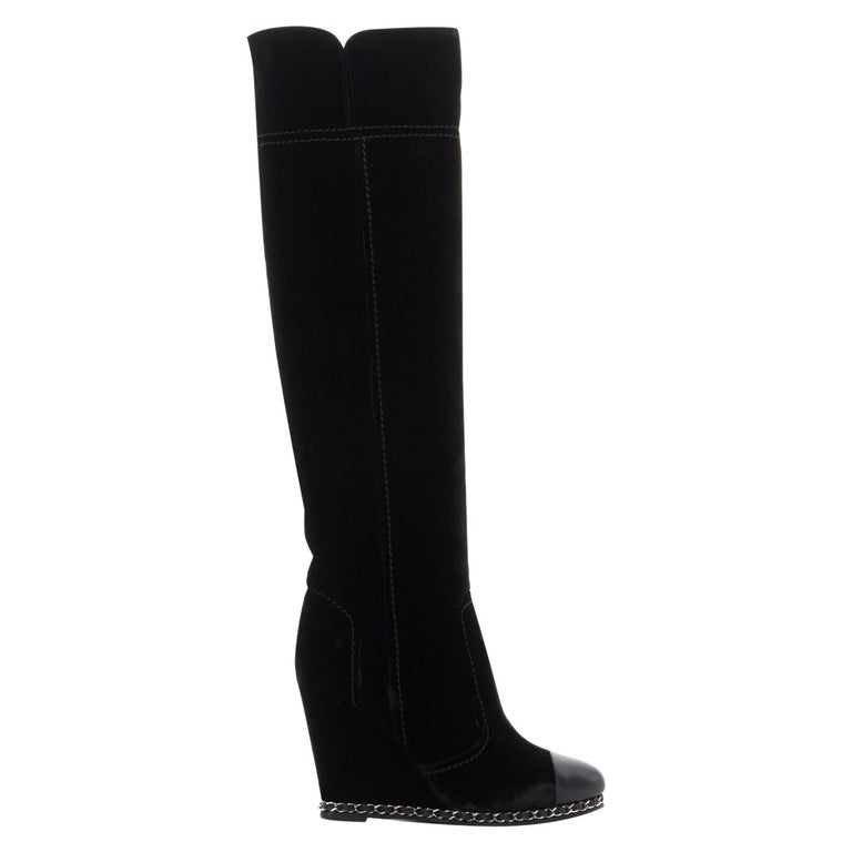 CHANEL black velvet 2.55 silver chain trimmed leather toe cap wedge boot  EU38C at 1stDibs