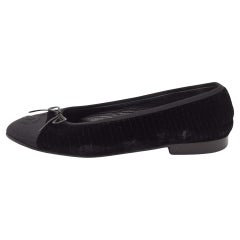 Chanel Black Velvet And Canvas Cap CC Ballet Flats Size 37