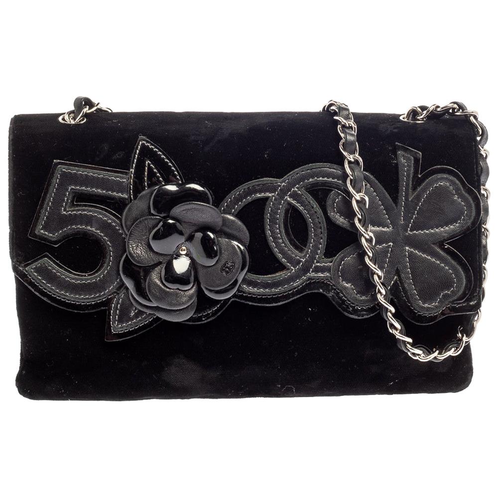 Chanel Black Velvet and Leather Camellia No.5 Shoulder Bag at