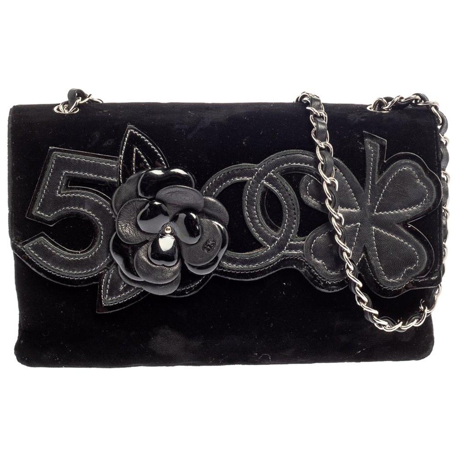 Chanel Black Velvet and Leather Camellia  Shoulder Bag at 1stDibs