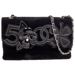 Chanel Black Velvet and Leather Camellia No.5 Shoulder Bag
