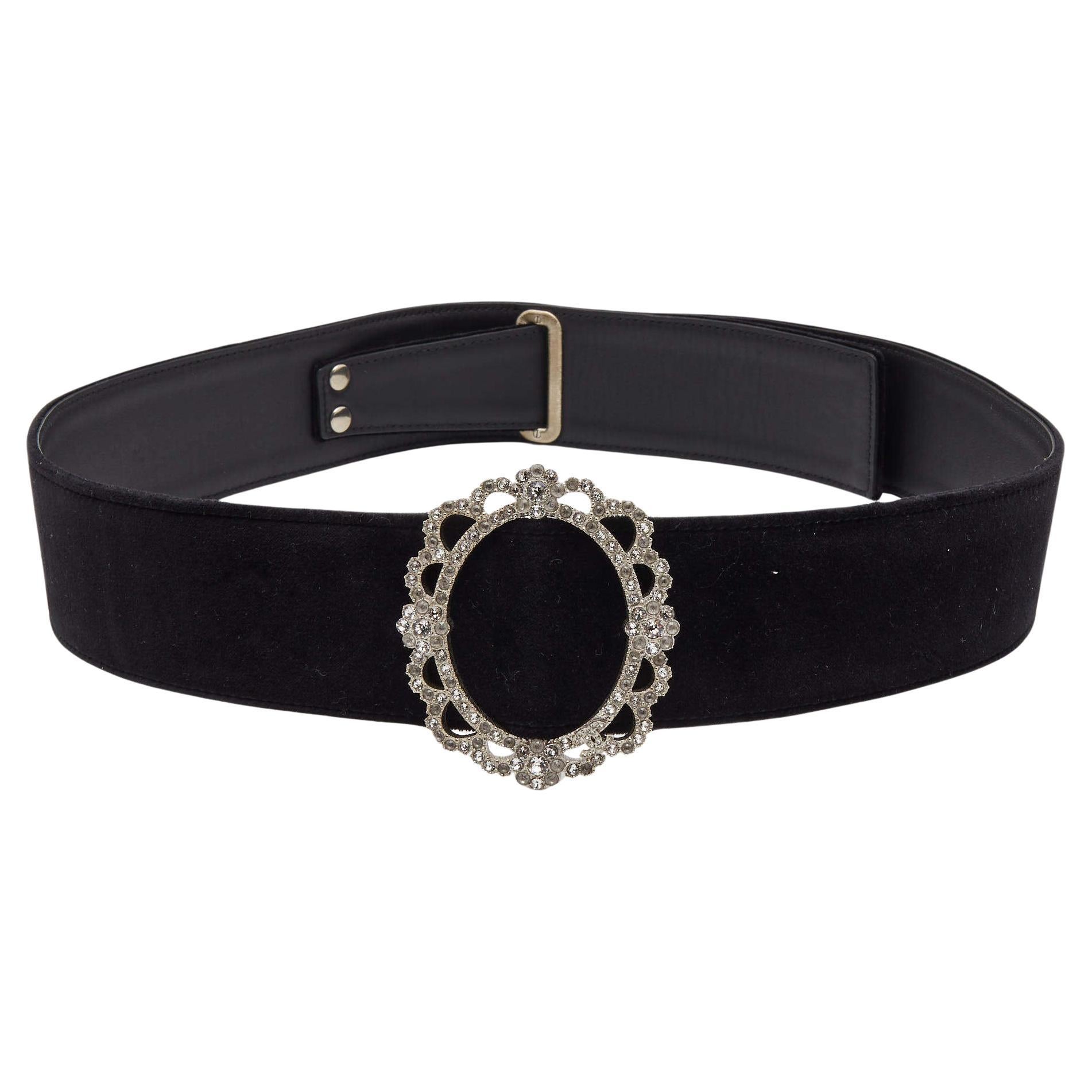 Chanel Black Velvet and Leather Crystals Round Buckle Waist Belt 90CM