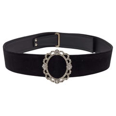Chanel Black Velvet and Leather Crystals Round Buckle Waist Belt 90CM