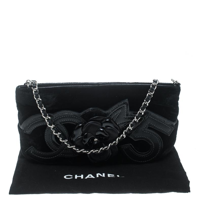Chanel Black Velvet Camellia No. 5 Pochette Shoulder Bag 8