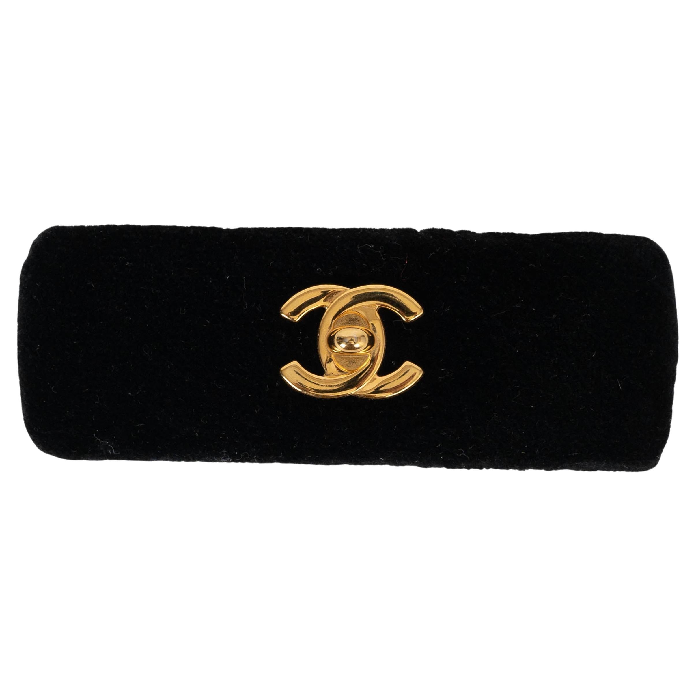 CHANEL black velvet CC TURNLOCK Hair Clip Vintage