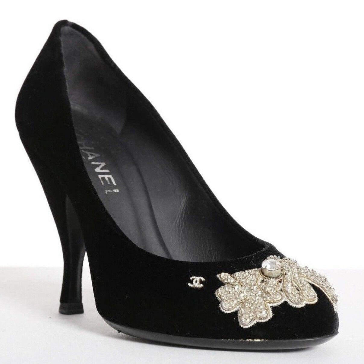 Black CHANEL black velvet crystal embellished bow brooch pumps heels EU36 US6 UK3