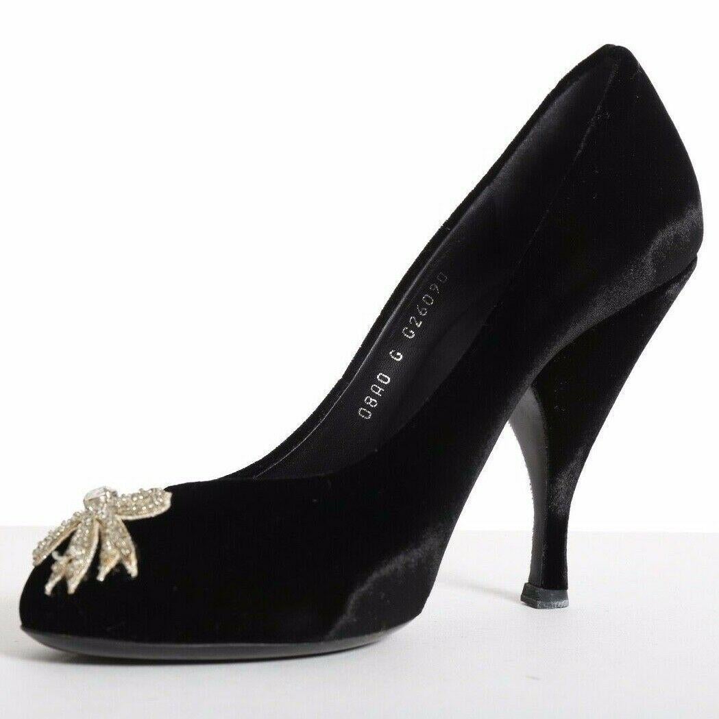 Women's CHANEL black velvet crystal embellished bow brooch pumps heels EU36 US6 UK3