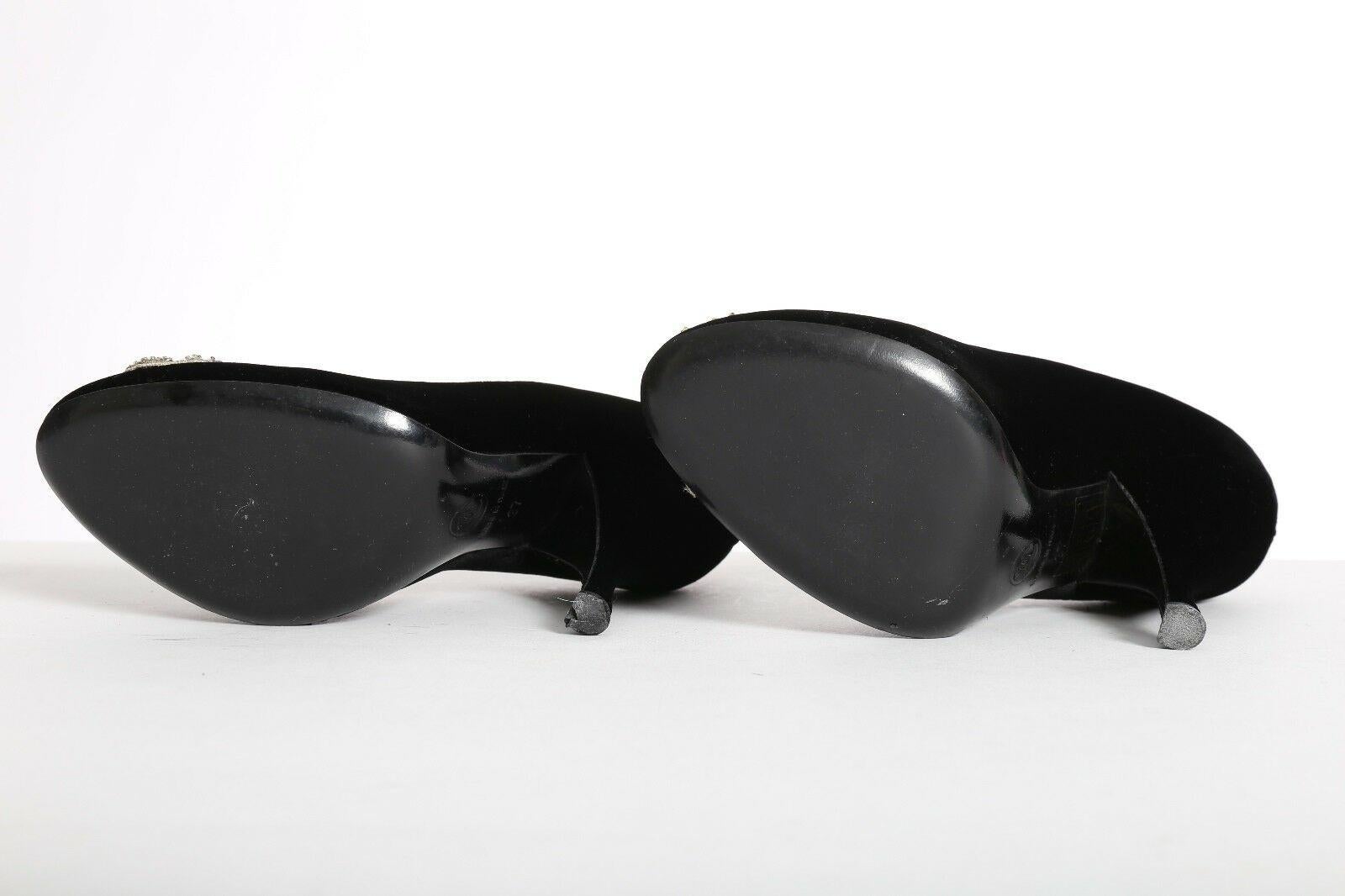 CHANEL black velvet crystal embellished bow brooch pumps heels EU36 US6 UK3 2