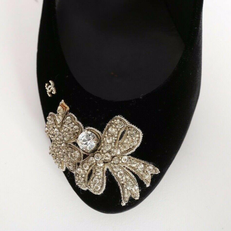CHANEL black velvet crystal embellished bow brooch pumps heels EU36 US6 UK3 3